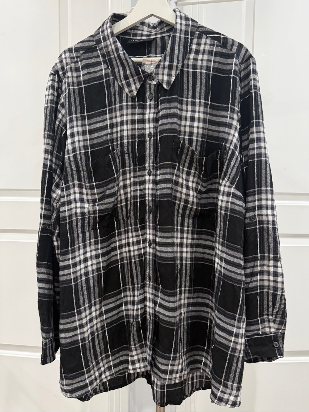 Lane Bryant Womens Shirt Size 26/28 Plaid Button-Up Long Sleeve Black White